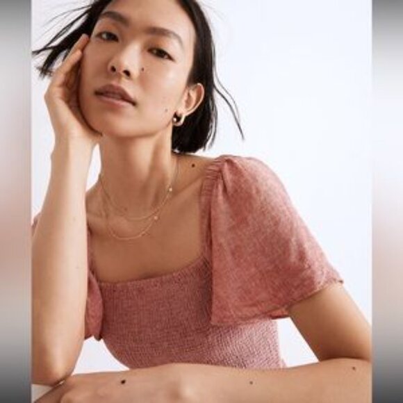 Madewell Linen Blend Lucie Smocked Midi Dress (Fresh Chili) - Picture 3 of 9